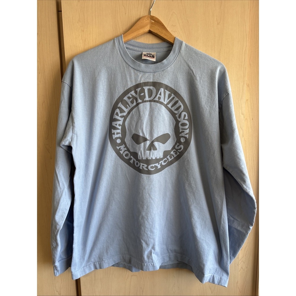 PRO Club Y2K Blue Harley Davidson Grunge Biker Distressed Long Sleeve Mens XL
